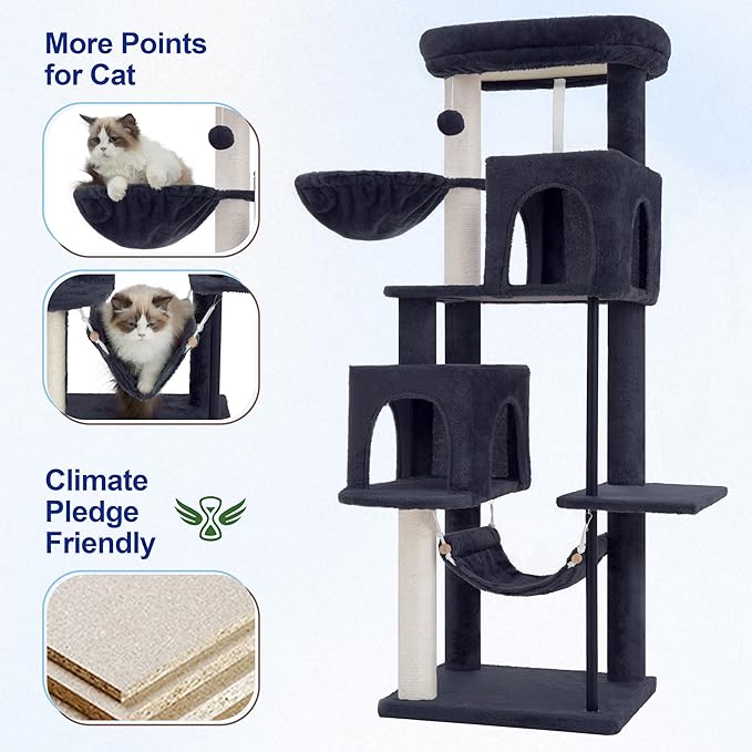 51.2'' Cat Tree Tower, Cat Tower with Scratching Post, Sturdy Steel Pube Cat Tree for Inoor Cats Large Adult, Cat Hammock and Basket, Padding Top Platform, Drak Gray GCT014G