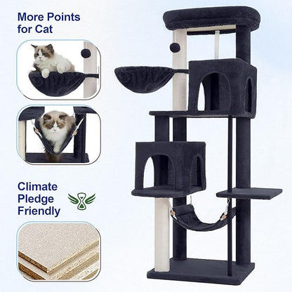 51.2'' Cat Tree Tower, Cat Tower with Scratching Post, Sturdy Steel Pube Cat Tree for Inoor Cats Large Adult, Cat Hammock and Basket, Padding Top Platform, Drak Gray GCT014G