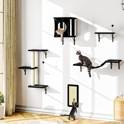 NUNU LAB Wall Mounted Cat Wall Shelves, 10-in-1 Cat Wall Climber with Kitten House, Bridge, Steps, Scratcher, Indoor Space-Saving Furniture for Kittens Play, Black