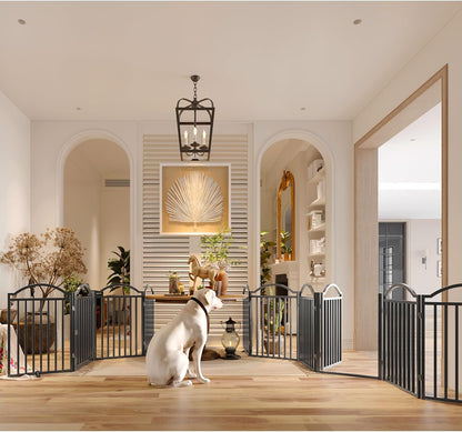 BHG Metal No-Assembly Freestanding Dog Gate with Door Walk Through, Extra Wide 96", Extra Tall 32" Pet Gate, Accordion Puppy Folding Playpen Dog Fence for Indoor & Outdoor, with 2PCS Support - Black