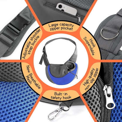 YUDODO Pet Sling Carrier for Small Dogs & Cats – Hands-Free Puppy Carrier with Safety Hook, Large Zipper Pocket, Soft Breathable Mesh, Adjustable Strap & Reflective Strip (Blue 1.0 M)