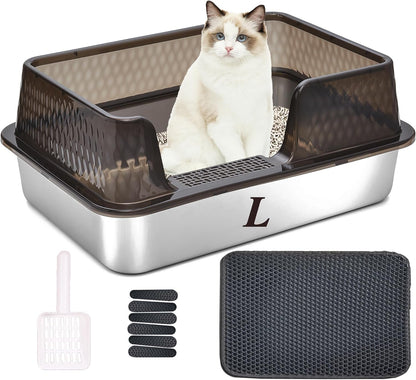 Suhaco Stainless Steel Litter Box Side Entry, Kitty Black Litter Mat and White Scoop Included Covered Metal High Sided Large Cat Litter Box with Lid Removable Enclosure for Medium Cats (Black)