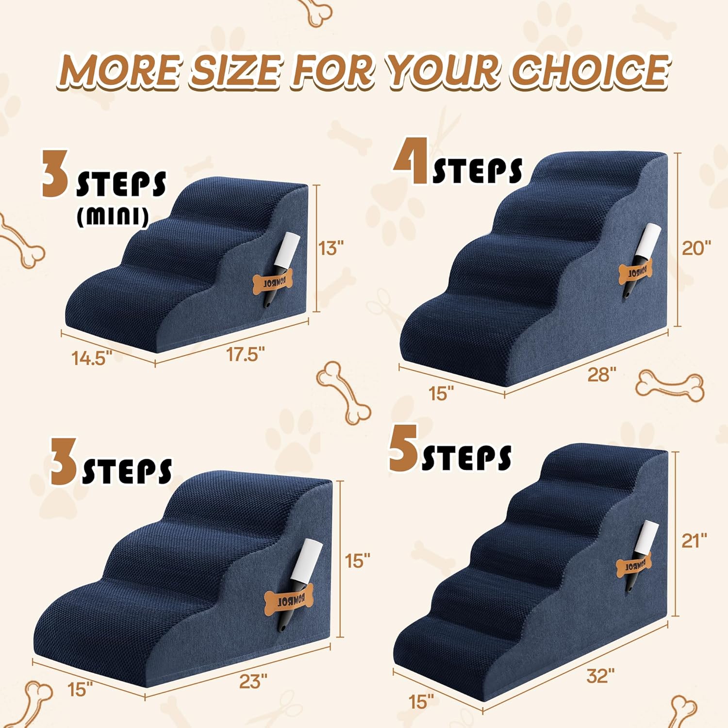 Romrol Dog Stairs Ramp for Beds Couches, Extra Wide Pet Steps with Durable Non-Slip Waterproof Fabric Cover, Dog Slope Stairs for Small Dogs and Cats or Pets Friendly, 3-Tiers, 13 Inch,Navy - Pawvie