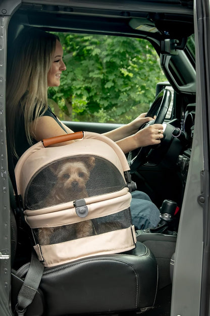 Pet Gear No-Zip View 360 Ultra Lite Pet Safety Carrier & Car Seat for Small Dogs & Cats Push Button Entry, 15", Sand,View 360 Ultra Light 15-inch,Sand - Pawvie