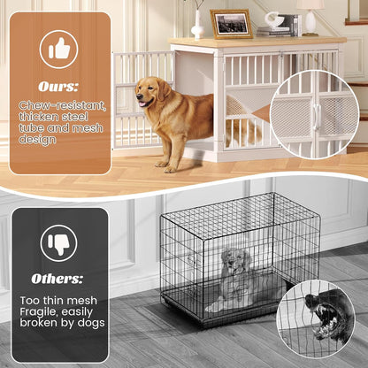 VOPEAK 46" Dog Crate Furniture, Chew Resistant Large Dog Crate for Medium Large Dogs, Heavy Duty XL Dog Crates Dog Kennel Cage Indoor with Double Doors, End Table for Bedroom Living Room, White