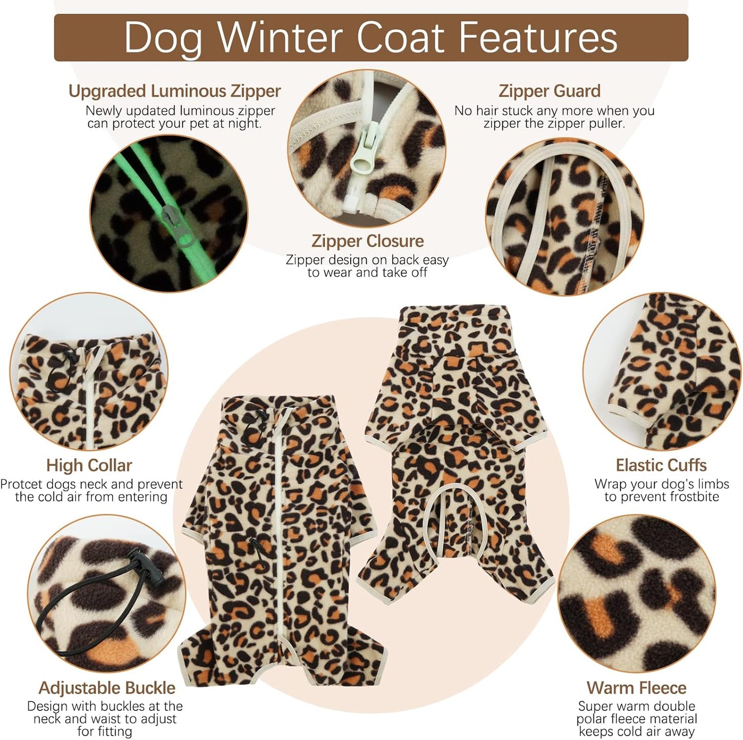 ROZKITCH Dog Winter Pajamas, Pet Windproof Warm Cold Weather Jacket Vest with Luminous Zipper, Jumpsuit Apparel Outfit Clothes for Small Medium Large Dog Brown S
