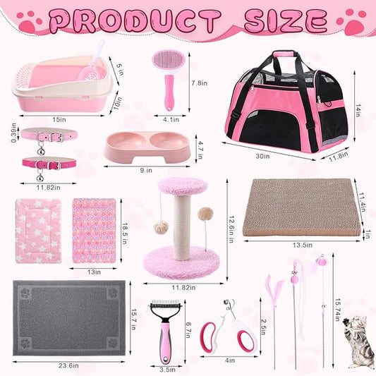 Eccliy 35 Pcs Kitten Starter Kit for 2 Indoor Kittens Essentials Including Carriers, Litter Boxes, Mats, Collars, Beds, Scratch Pad, Bowls, Toys Accessories Cat Welcome Gift Foster Adopt Supplies