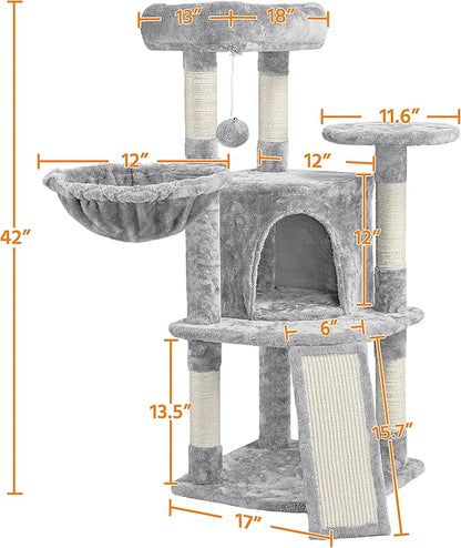 Topeakmart 42in Cat Tree Tower for Indoor Cats, Cat Condo with Perch & Hammock, Activity Center, Multi-Level Cat Furniture with Scratching Posts, Cat House, Light Gray
