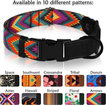 AirTag Dog Collar with Metal Buckle - Printed Nylon Soft Leather Dog Collar with Apple AirTag Holder - Secure Tracking GPS Pet Collars for Girl Boy Small Large Dogs (L, 17"-21" Neck Fit, Arrows)