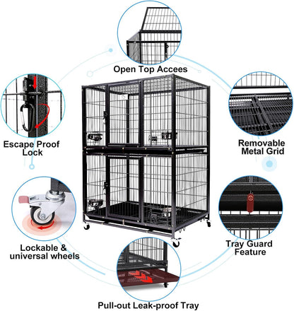 Homey Pet Two Tiers 37 Inch Dog Crate Cage Kennel with Feeding Door and Bowls, Lockable Wheels and Removable Tray, Escape Proof Metal Wire Heavy Duty Dog Crates for Medium/Small Sized Dogs (3 Pack)