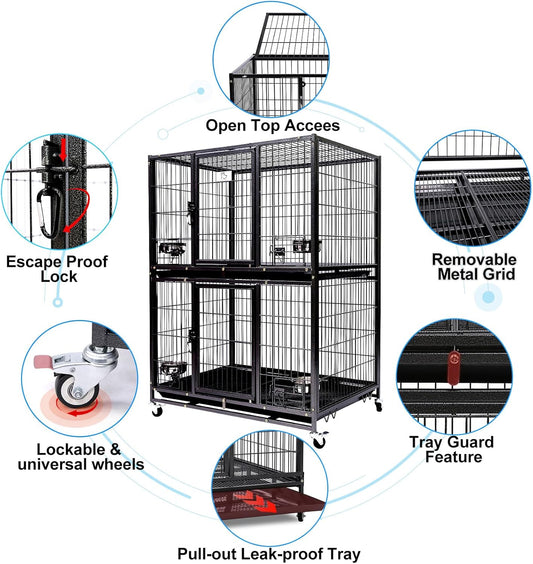 Homey Pet Two Tiers 37 Inch Dog Crate Cage Kennel with Feeding Door and Bowls, Lockable Wheels and Removable Tray, Escape Proof Metal Wire Heavy Duty Dog Crates for Medium/Small Sized Dogs (2 Pack)