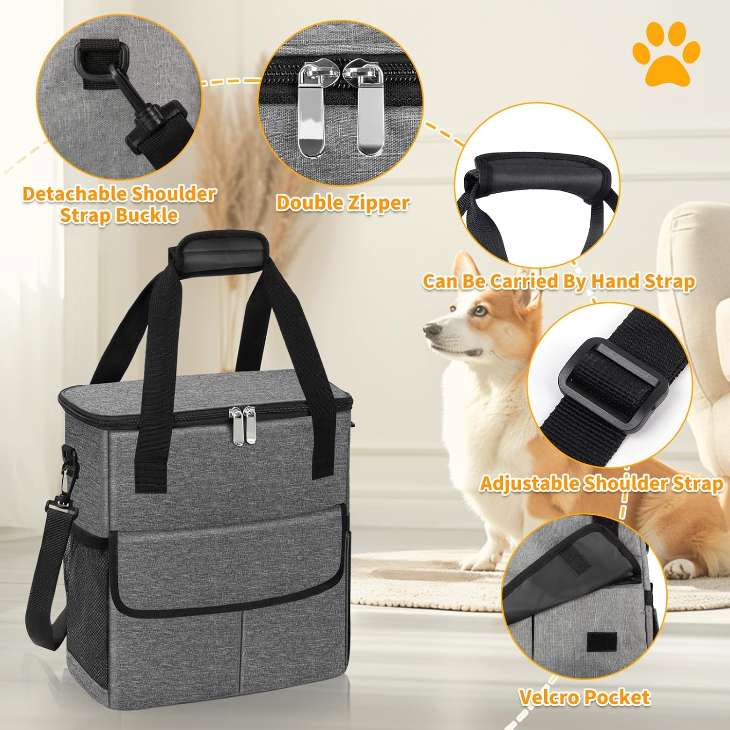 Dog Travel Bag for Camping - Weekend Pet Accessories With 2 Collapsible Bowls, 2 Food Containers, 1 Waterproof Feeding Mat - M, Grey - Pawvie