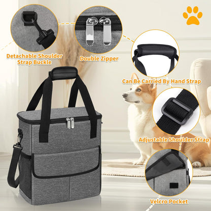 Dog Travel Bag for Camping - Weekend Pet Accessories With 2 Collapsible Bowls, 2 Food Containers, 1 Waterproof Feeding Mat - M, Grey - Pawvie