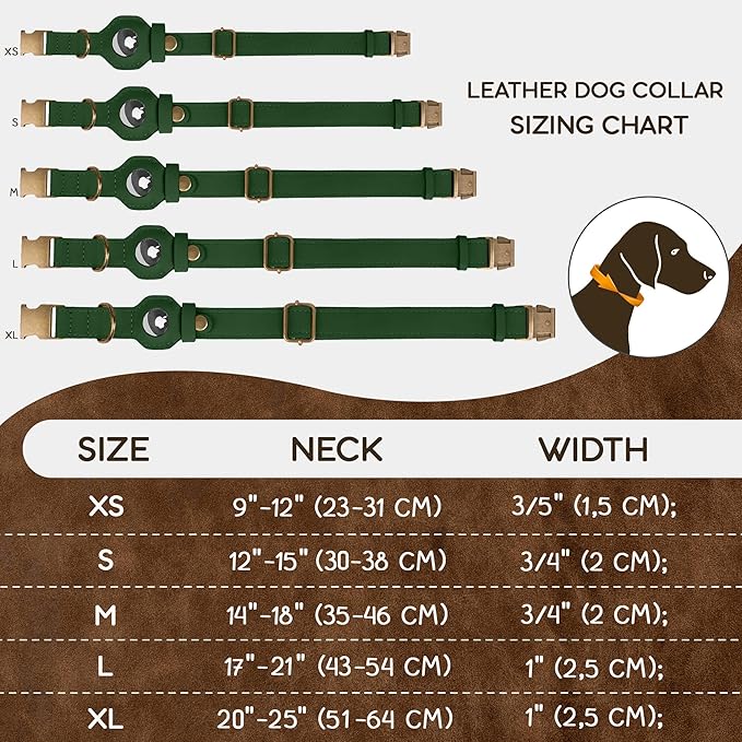 AirTag Dog Collar - Genuine Leather Dog Collar with Apple AirTag Holder and Metal Buckle - Smart GPS Tracking Pet Collars (Dark Green, M, 14"-18" Neck Fit)