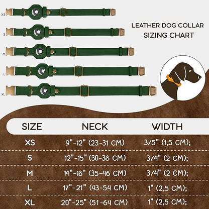 AirTag Dog Collar - Genuine Leather Dog Collar with Apple AirTag Holder and Metal Buckle - Smart GPS Tracking Pet Collars (Dark Green, M, 14"-18" Neck Fit)