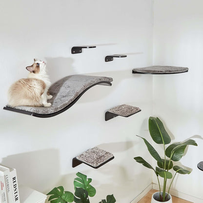 2 Set Cat Wall Steps - Wooden Cat Climbing Shelf for Wall - Cats Wall Stairs with Scratching Mat - Wall Mounted Cats Furniture for Jumping, Playing, and Lounging, Walnut