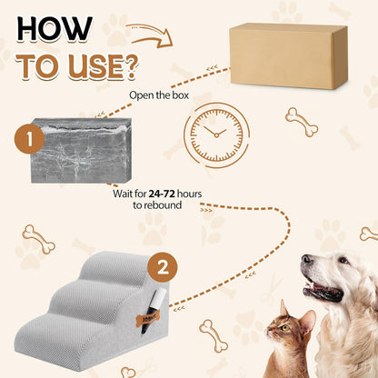 Romrol Dog Stairs Ramp for High Beds Couches, High Density Foam Pet Steps with Durable Non-Slip Waterproof Fabric Cover, Dog Stairs for Small Dogs or Cats or Pets, 3-Step,15 Inch,Light-Grey - Pawvie