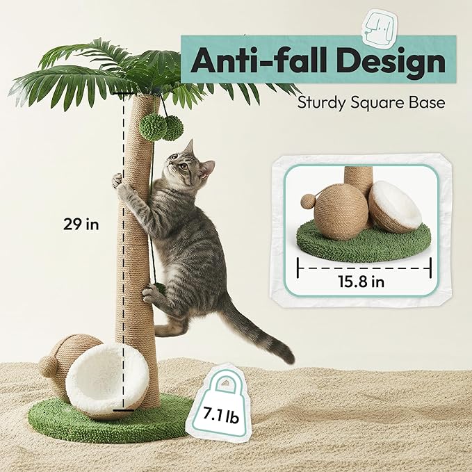 Cat Scratching Post 33 Inch Palm Tree with Hanging Balls and Double Coconut Toys, Cat Scratcher for Indoor Kittens, Extra Stable Base, Paw-Friendly Jute Material M
