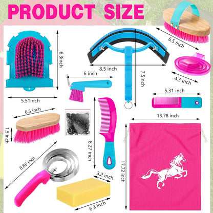 Abbylike 12 Pieces Horse Grooming Kit Racing Festival Tack Room Supplies Horse Brush Sets Equine Care Cleaning Kit Shedding Grooming Massaging Tools(Rose Red)