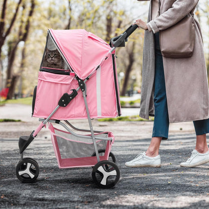MoNiBloom 3-Wheels Foldable Pet Stroller with Waterproof Cover, Pet Strolling Cart for Small/Medium Dogs and Cats with Storage Basket and Cup Holder, Breathable and Visible Mesh for All-Season, Pink - Pawvie