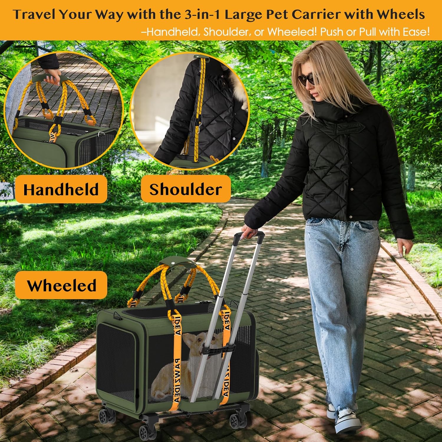 PAWZIDEA Expandable Pet Carrier with Wheels, 24x16x16in Large Cat Carrier for 2 Cats, Soft-Sided Dog Carriers for Small Medium Dog, Collapsible Rolling Travel Bag w/Telescopic Handle, XL Stroage Bag - Pawvie
