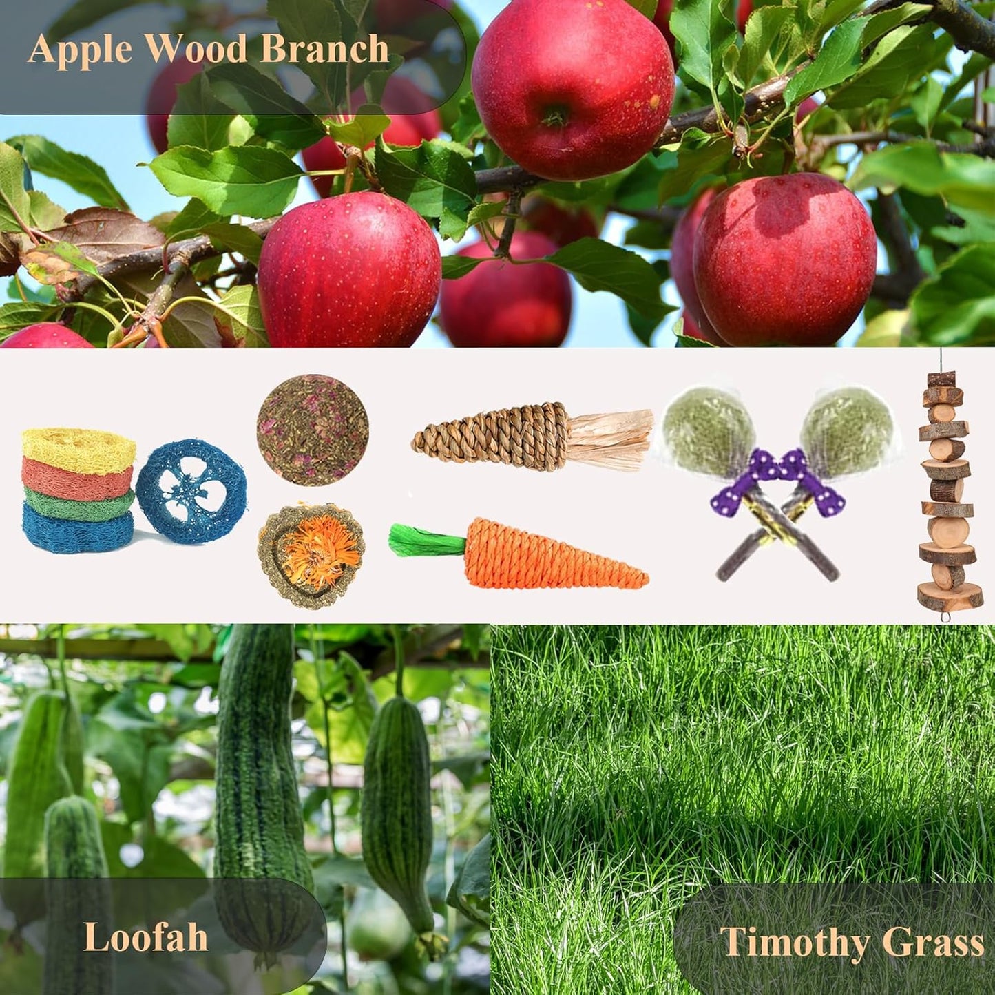 Grddaef 18 PCS Bunny Toys, Rabbit Toys Guinea Pig Toy Natural Apple Wood Grass Timothy Sticks Chew and Treat for Guinea Pigs Hamster Chinchillas