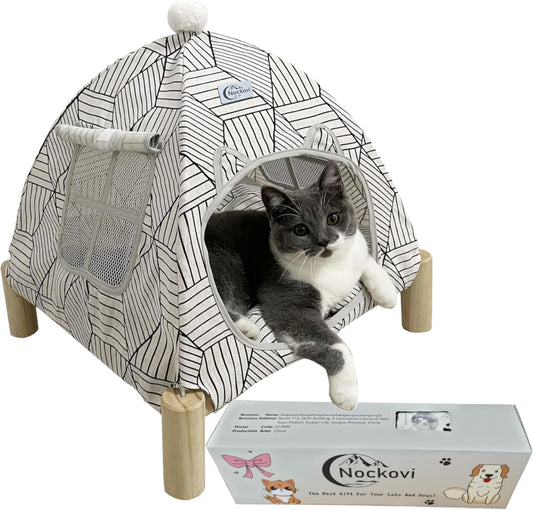 2-in-1 Elevated Cat Tent Cat House, Quick Assembly and Disassembly, Portable Indoor/Outdoor Cute Cat Bed Cave-White Diamond Pattern