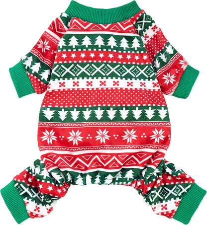 Fitwarm Dog Christmas Outfit, Holiday Pet Clothes for Small Dogs Boy Girl, Festive Pajamas with Feet, Puppy Onesie, Red, Green, XS