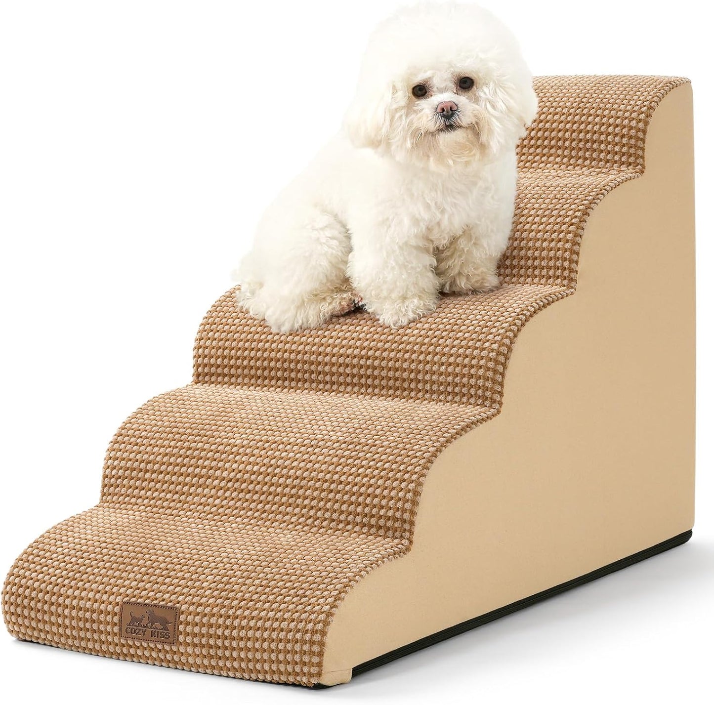 Dog Stairs for High Bed 22.6" H, Small Dog Step for Puppy, Older or Cat, Curved Ramp for Car, Ladder with High Density Foam, Lightweight, Durable, 15.7x33x22.6 inch, 5 Step, Light Brown - Pawvie