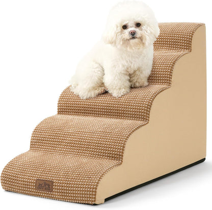 Dog Stairs for High Bed 22.6" H, Small Dog Step for Puppy, Older or Cat, Curved Ramp for Car, Ladder with High Density Foam, Lightweight, Durable, 15.7x33x22.6 inch, 5 Step, Light Brown - Pawvie