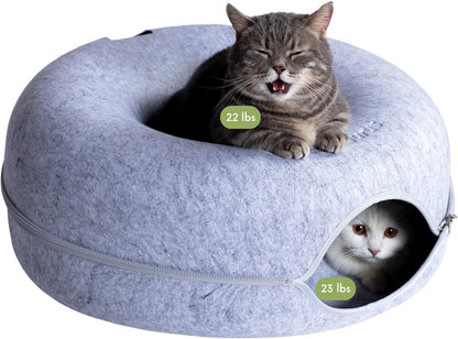 CATTASAURUS Peekaboo Cat Cave for Multiple & Large Cats Up to 30-45 Lbs, Scratch Detachable & Washable Tunnel Bed, Comfy Donut Cat Cave (Light Gray, Large)