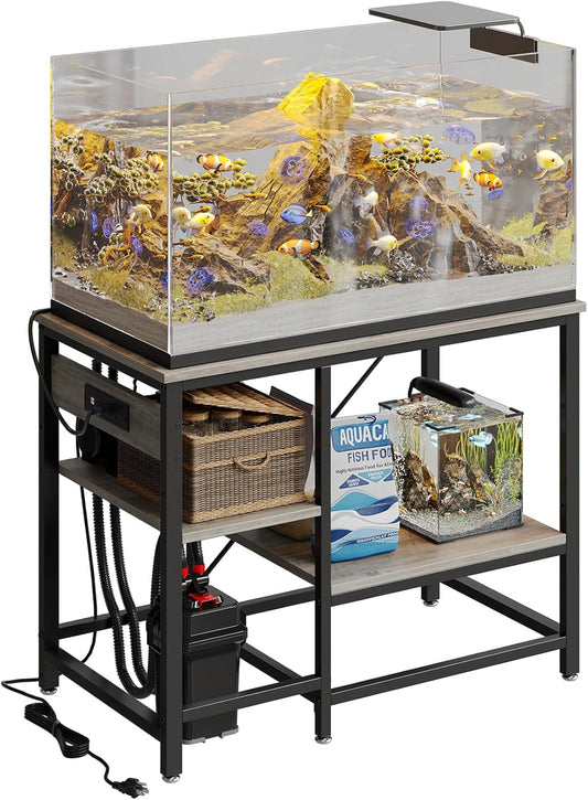 40-50 Gallon Fish Tank Stand with Charging Station, 36x19 Metal Aquarium Stand with 3-Tiers Adjustable Storage Shelves, 6-Legs Reptile Terrarium Stand, 660 LBs