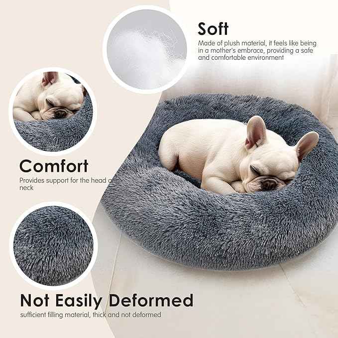 Dogs Bed for Small Dogs, Anti-Anxiety Washable Round Bed (Dark Grey, 24.0" L x 24.0" W x 8.0" Th)