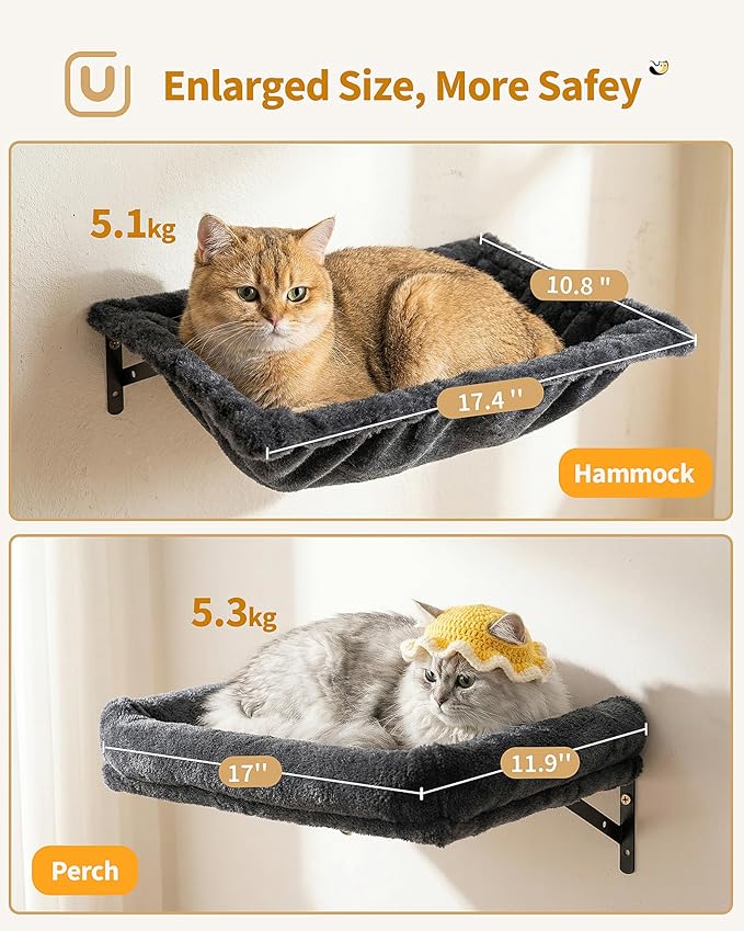 Cat Wall Shelves with Vertical Cat Scratcher, 17" × 11.9" Large Perch Bed and Hammock for Large Adult Cats, 6-in-1 Heavy Duty Cat Furniture Set for Indoor Cats