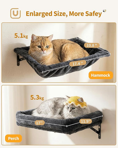 Cat Wall Shelves with Vertical Cat Scratcher, 17" × 11.9" Large Perch Bed and Hammock for Large Adult Cats, 6-in-1 Heavy Duty Cat Furniture Set for Indoor Cats