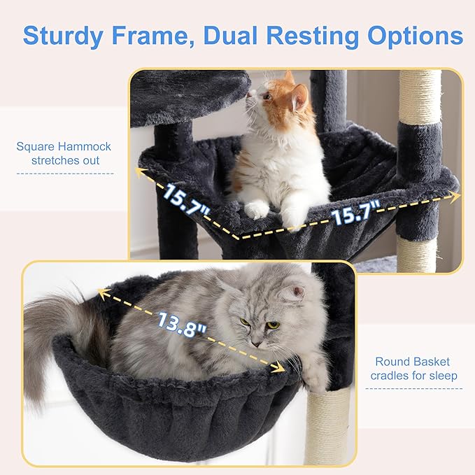 Heybly Cat Tree, 76-Inch Tall Heavy Duty Cat Tower for Big Cats with Extra Wide Baseboard, Multi-Level Large Cat Furniture with 2 Condos & 2 Hammocks, 10 Scratching Posts, Smoky Gray HCT039G