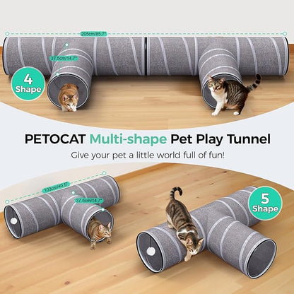 Cat Tunnel 4 Way with Teaser Wand & 2 Plush Ball, 5 Shapes Available, 54/80.7" L, H-Shaped Collapsible Pet Play Tube Maze for Kitten Puppy Bunny Ferret Rabbit, Indoor/Outdoor Peekaboo Cave
