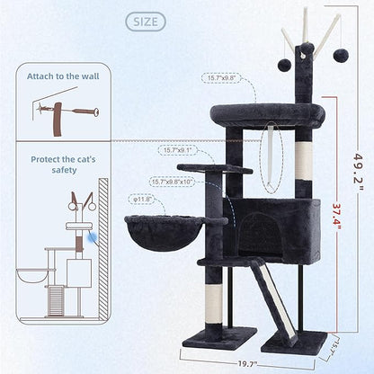 Cat Tree for Indoor Cats, Cat Tower with Scratching Post for Small Cats and Kittens, Cat House with Removable Top Platform and Fluffy Balls, Hanging Cat Basket, Smoky Gray GCT006SG