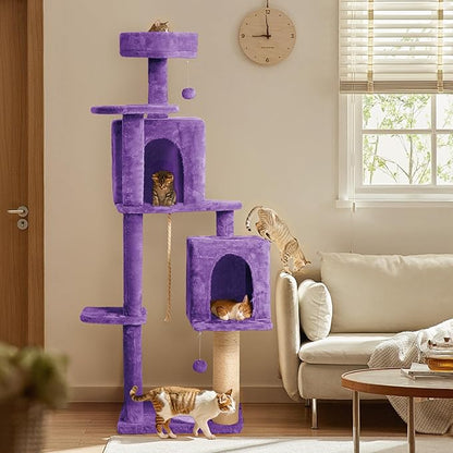 58in Large Cat Tree Tower for Indoor Cats with Soft Plush Hang Ball, Two Condos, Sisal Scratch Posts & Rope Play for Kittens/Adult Cats, Purple