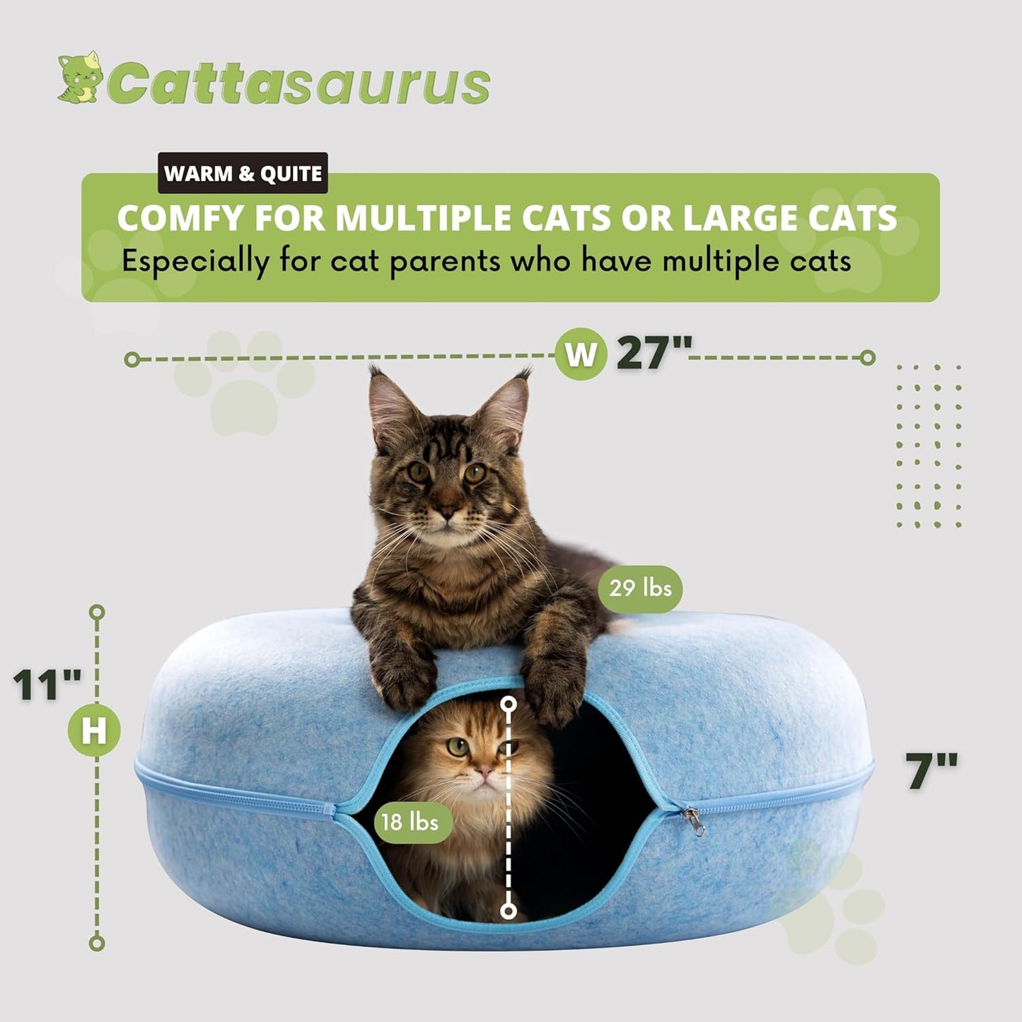 Cattasaurus Peekaboo Cat Cave for Multiple & Large Cats Up to 30-45 Lbs, Scratch Detachable & Washable Tunnel Bed, Comfy Donut Cat Cave (Blue, Jumbo)