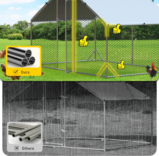 Large Metal Chicken Coop with Run Walk-in Poultry Cage Chicken Runs House Pen Cage Spire Roofed Chicken Coops with Anti-Ultraviolet Cover for Outdoor Yard Farm Use 9.8’L x 19.7’W x 6.4’H