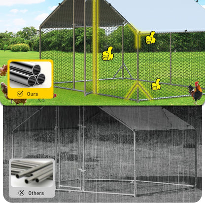4ever2buy Large Metal Chicken Coop with Run Walk-in Poultry Cage Chicken Runs House Pen Cage Spire Roofed Chicken Coops with Anti-Ultraviolet Cover for Outdoor Backyard Farm Use 9.8’L x 6.6’W x 6.4’H