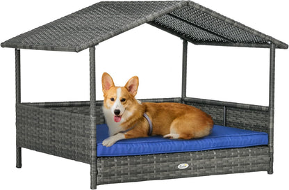 PawHut Wicker Dog House Outdoor with Canopy, Rattan Dog Bed with Water-Resistant Cushion, Raised Dog Bed for Small, Medium Dogs up to 66 lbs, 19.75" in Length, Gray Wicker, Dark Blue Cushion