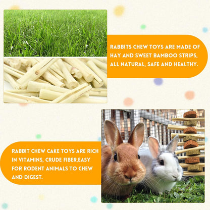 kathson 4 Pcs Bunny Chew Toys for Teeth,Rabbit Hanging Chew Toy Grinding Natural Sweet Bamboo Sticks with Timothy Hay Grass and Carrot Cake for Improve Rodent Small Animals Dental Health