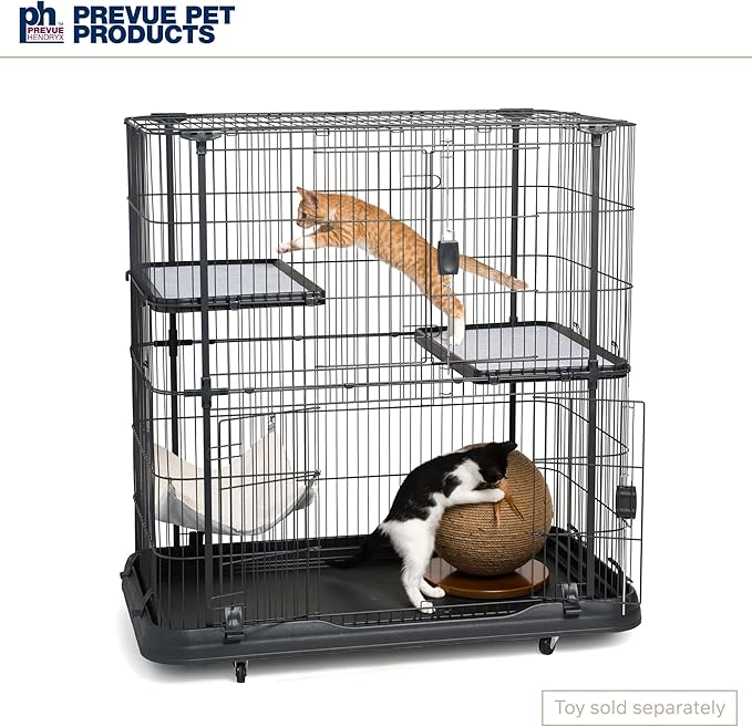 Prevue Pet Products Deluxe Cat Home - Cat Cage Home with 3 Levels, Spacious Indoor Pen, Includes Hammock, Durable & Easy to Clean Kennel, with Rolling Wheel Casters - Black