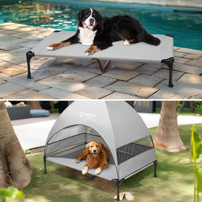 Veehoo Outdoor Dog Bed with Canopy, Cooling Elevated Pet Cot with Removable Shade, Non-Slip Feet, Raised Dog Cot for Large Dogs, Pet Tent Bed for Camping, Beach, XLarge, Grey, CWC2411 - Pawvie