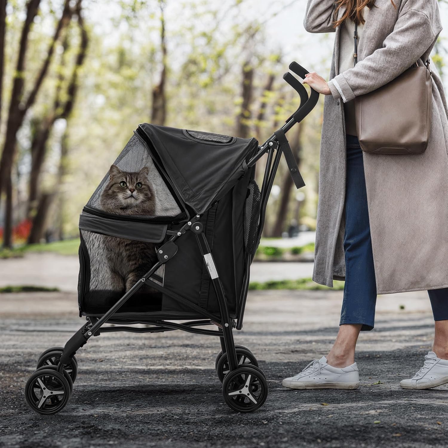MoNiBloom 4 Wheels Pet Stroller, Easy-Fold Puppy Cage Jogger Stroller with Sun Cover, Pad and Rear Storage Bag, Breathable and Visible Mesh for Small/Medium Pets up to 22 lbs, Black - Pawvie