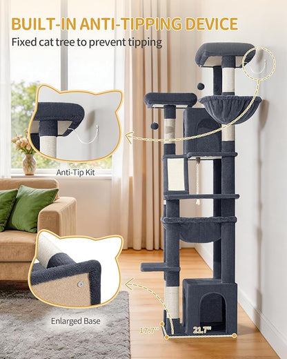 Large Cat Tree, 72 Inch Tall Indoor Cat Tower for 6 Large Cats, Corner Climbing Activity Pet Condo with 2 Large Platforms/2 Cats House/6 Scratching Post/1 Hanging Basket, Dark Gray MS18318SG