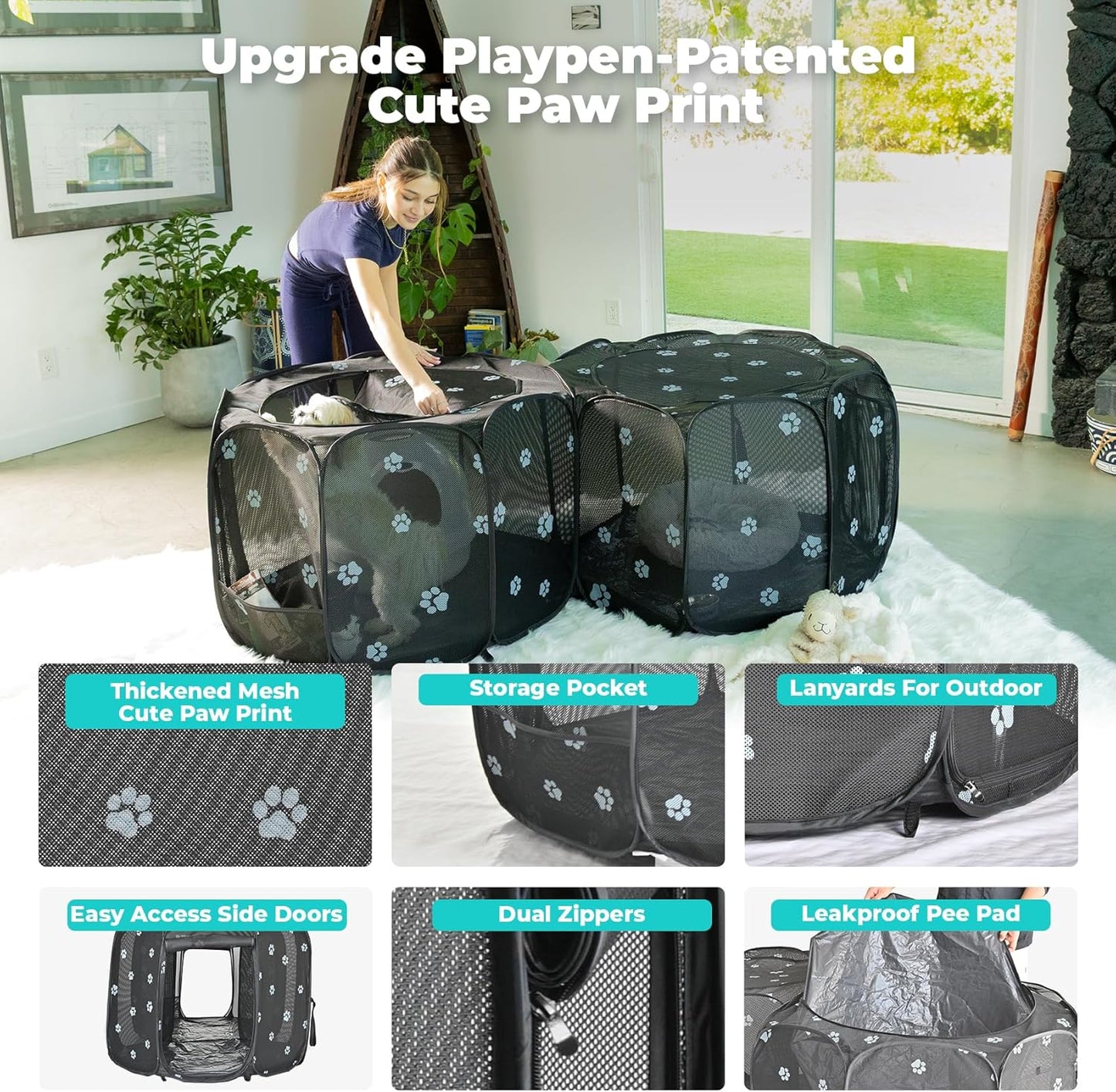 2-in-1 Cat Playpen, Pop Up Dog Pet Playpen for Indoor Outdoor Cats Enclosed, Portable Pet Playpen, Kitten Puppy Foldable Play Pen Cat Dog Tent Crate Cage Kennel(No Divider, Unified Space)