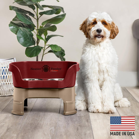Neater Feeder Deluxe Mess Proof Dog Bowls Elevated Medium Sized Dogs (19-40 lbs) Made in USA, No Spill Raised Dog Food Bowl Stand w/Leg Extension, Stainless Steel Food and Water Bowl Set, Cranberry